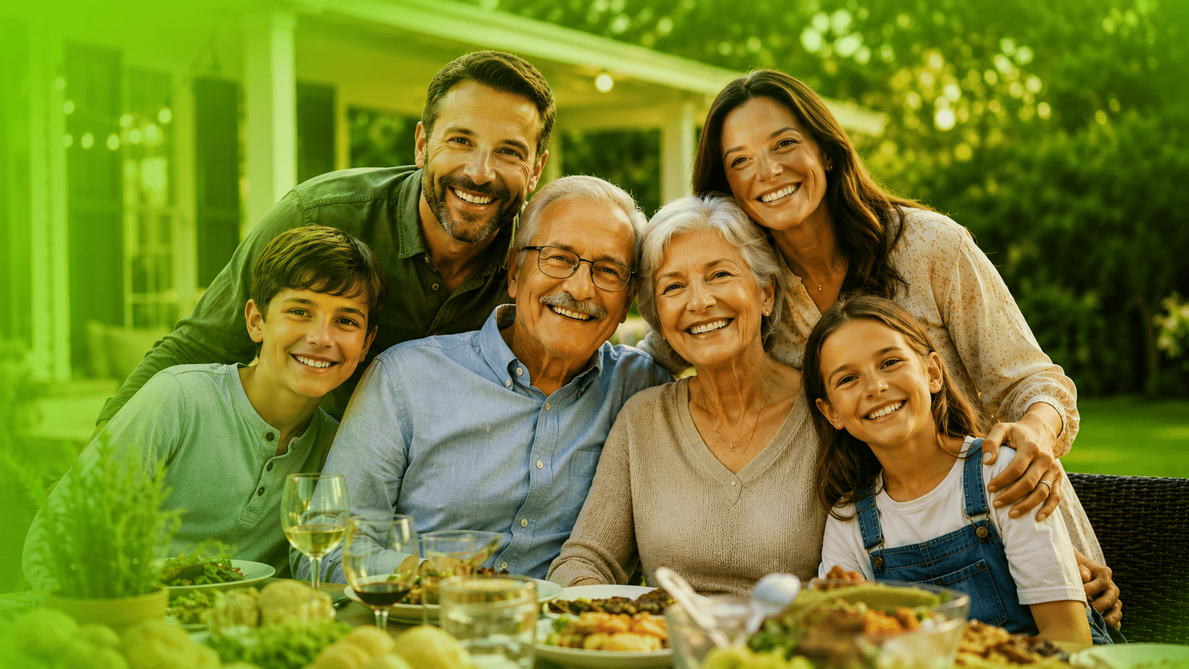 A happy multi-generational family enjoying a meal together